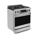 Stainless steel gas range with black oven door and front control panel