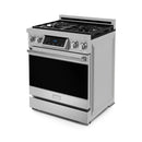 Stainless steel gas range with black oven door and four-burner cooktop