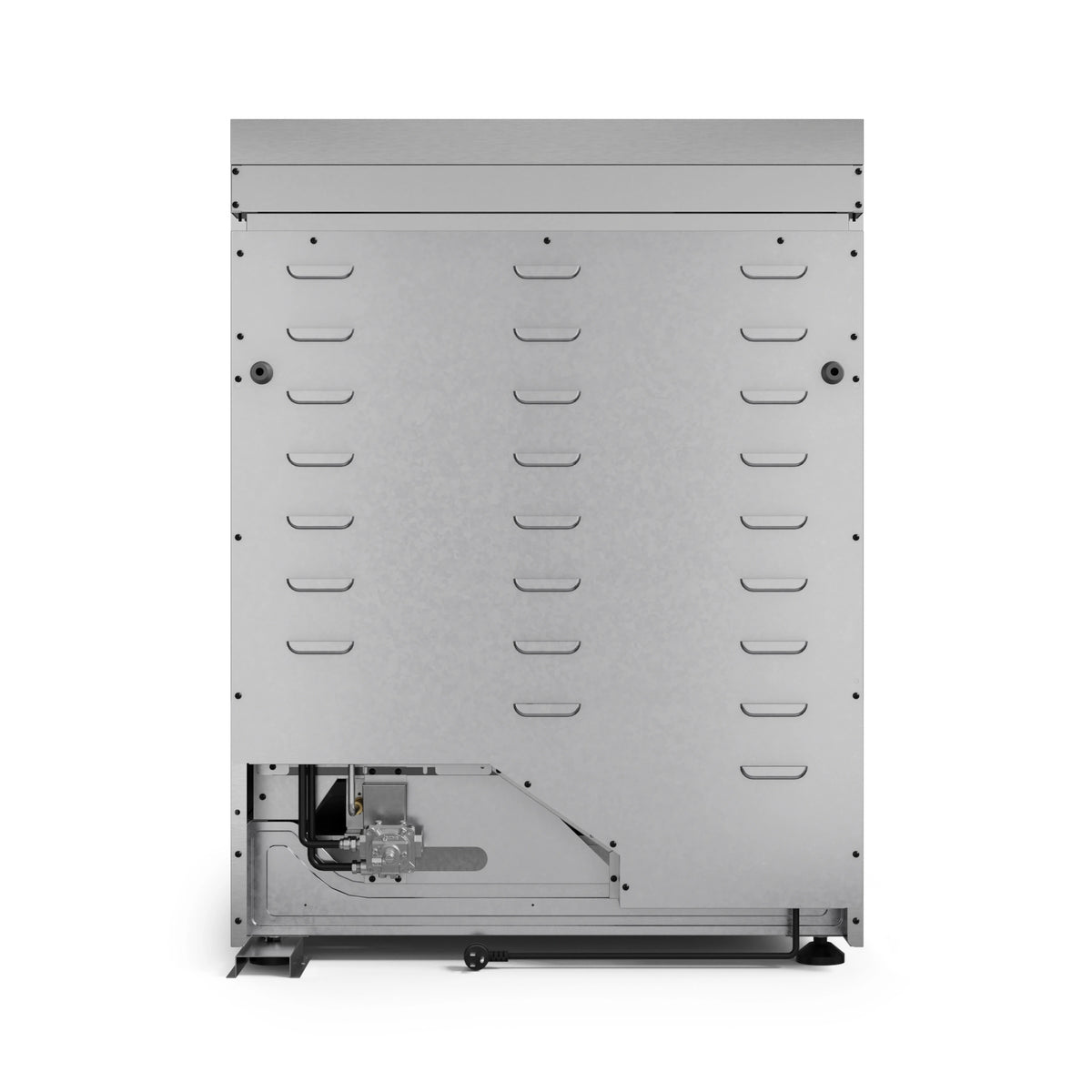 Stainless steel gas range oven interior back panel with burner ports