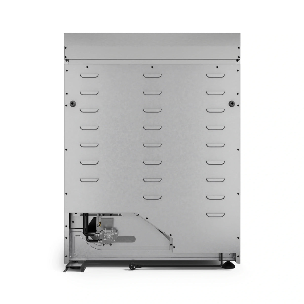 Stainless steel appliance rear panel with vented interior and mounting hardware