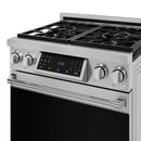 Stainless gas range with tilt-touch control panel, four knobs, and black grates