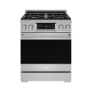 Stainless steel gas range with four-burner cooktop and black oven door