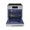 Stainless steel gas range with open oven door and interior racks