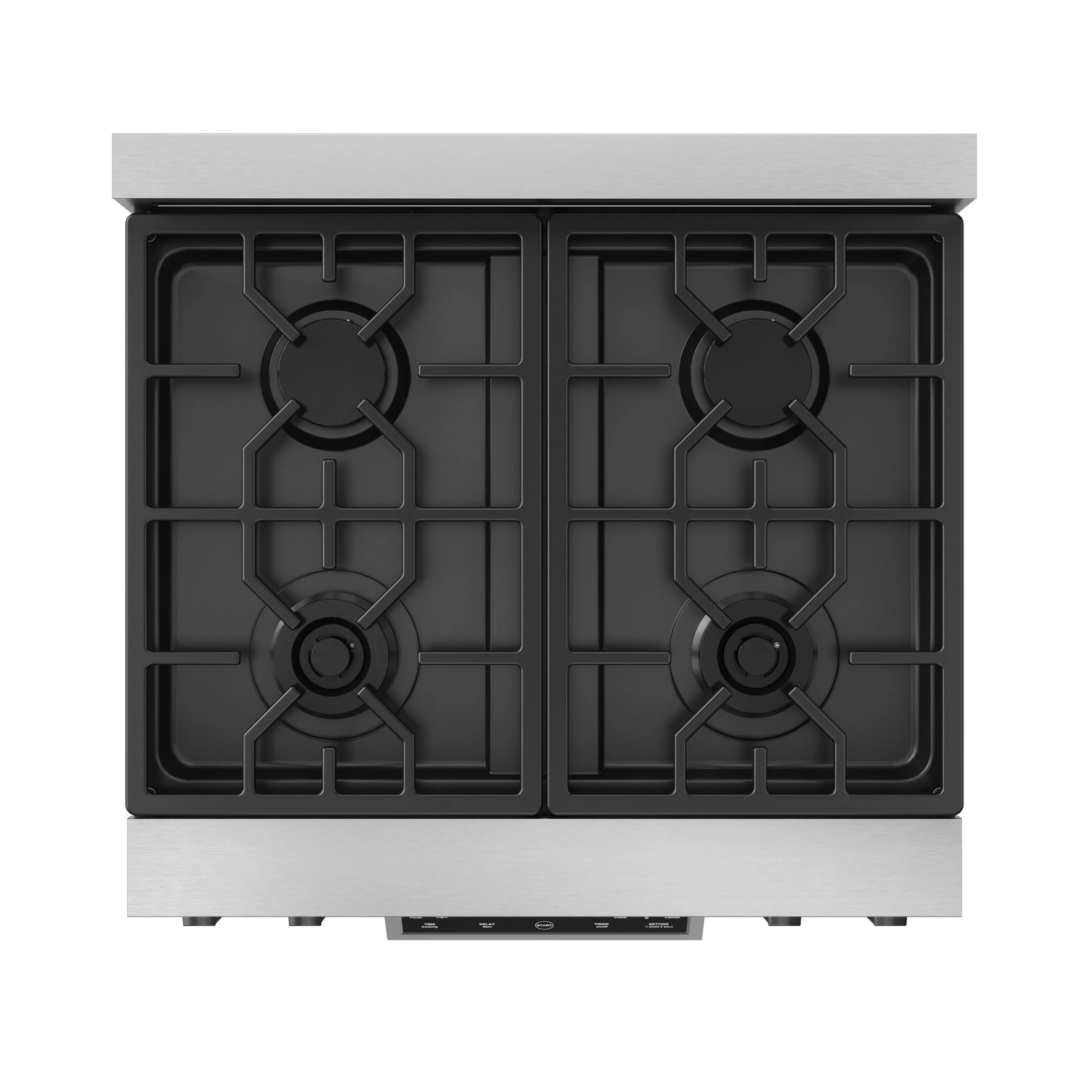Stainless gas cooktop with four black burner caps and cast grates