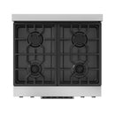Stainless gas cooktop with four black burner caps and cast grates