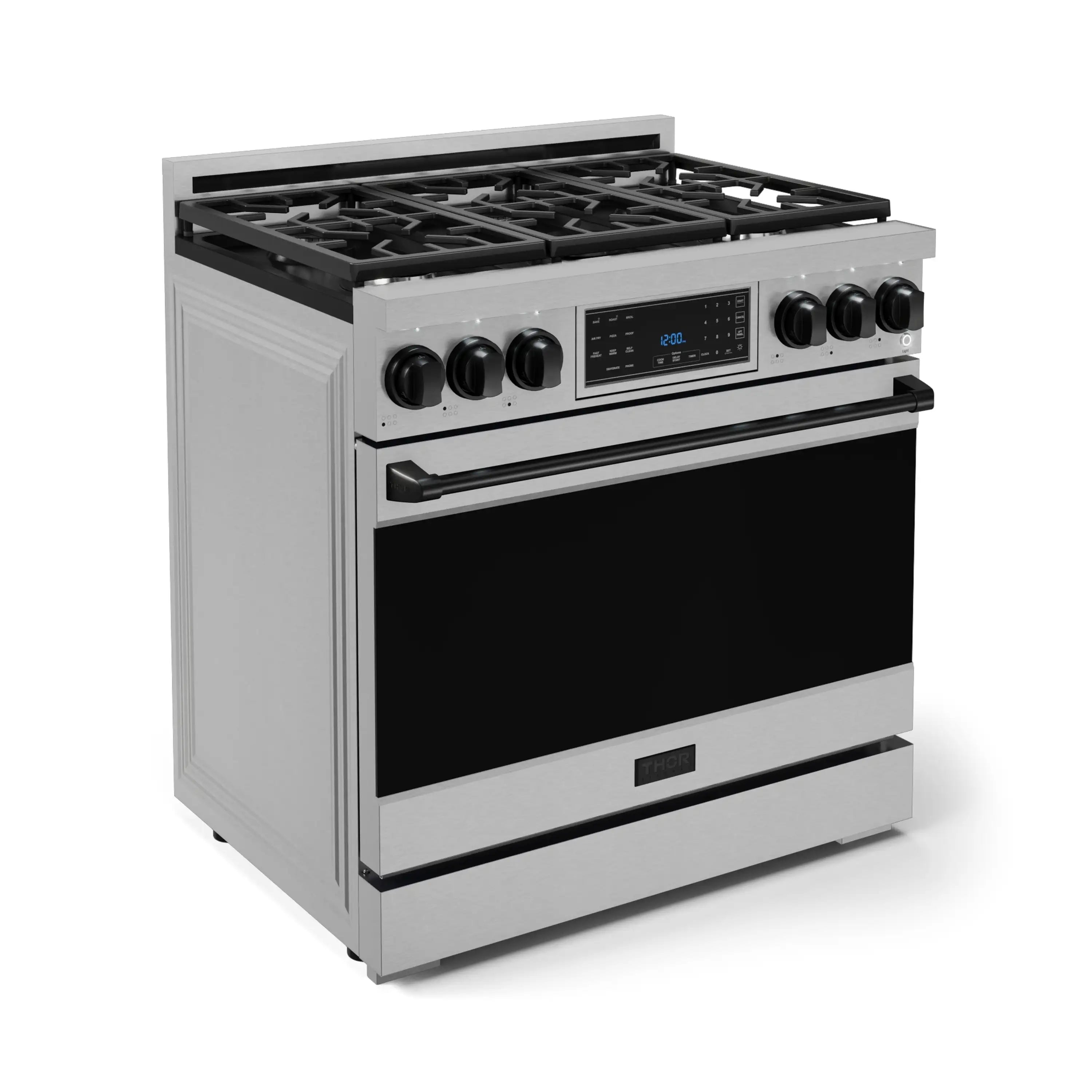 Stainless steel 36-inch professional gas range with black oven door and burner grates