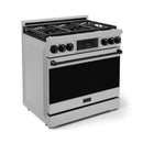 Stainless steel 36-inch professional gas range with black oven door and burner grates