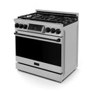 Stainless steel gas range with black oven door, tilt touch control panel, and burners