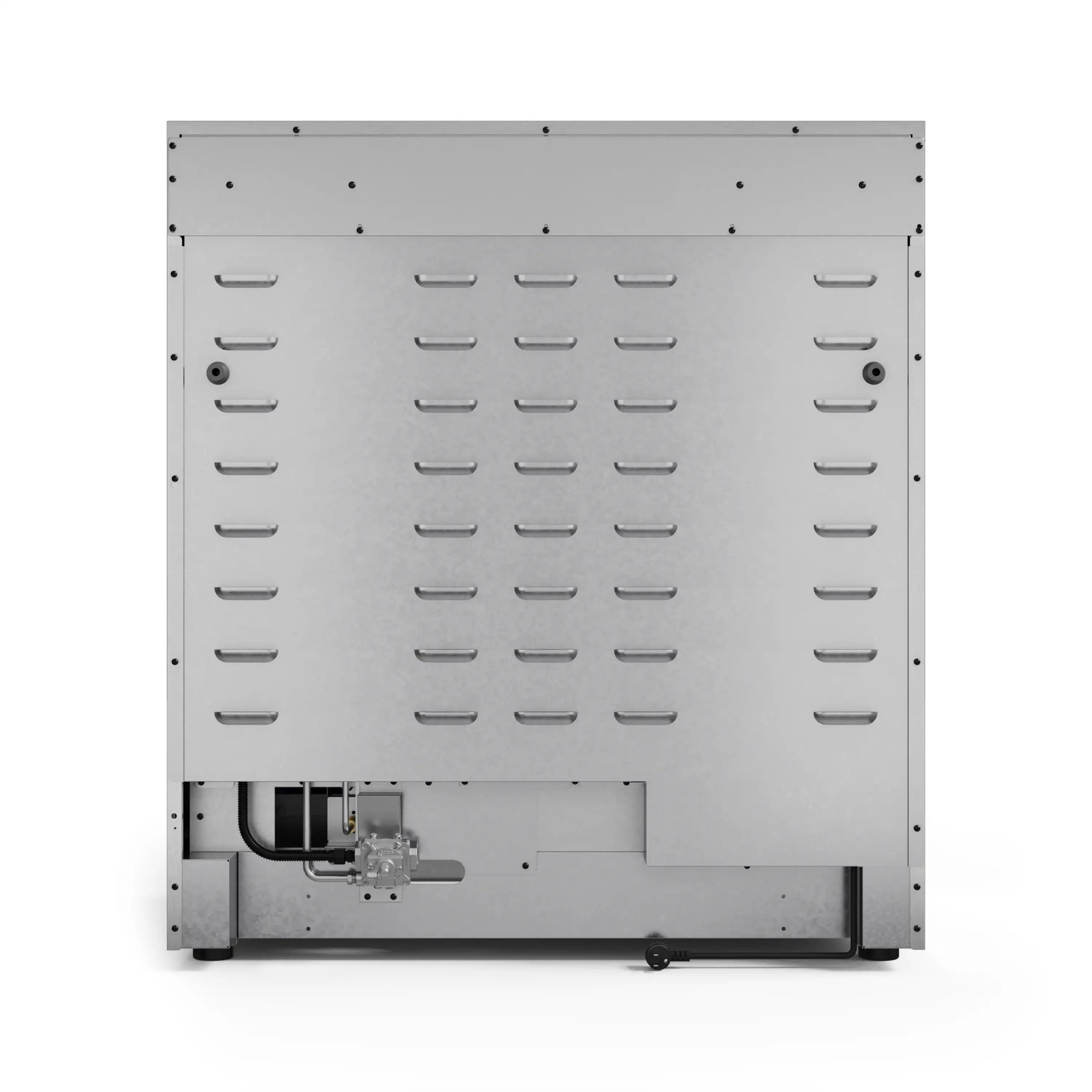Stainless steel gas range rear panel with vent openings and hookup fittings
