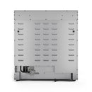 Stainless steel gas range rear panel with vent openings and hookup fittings