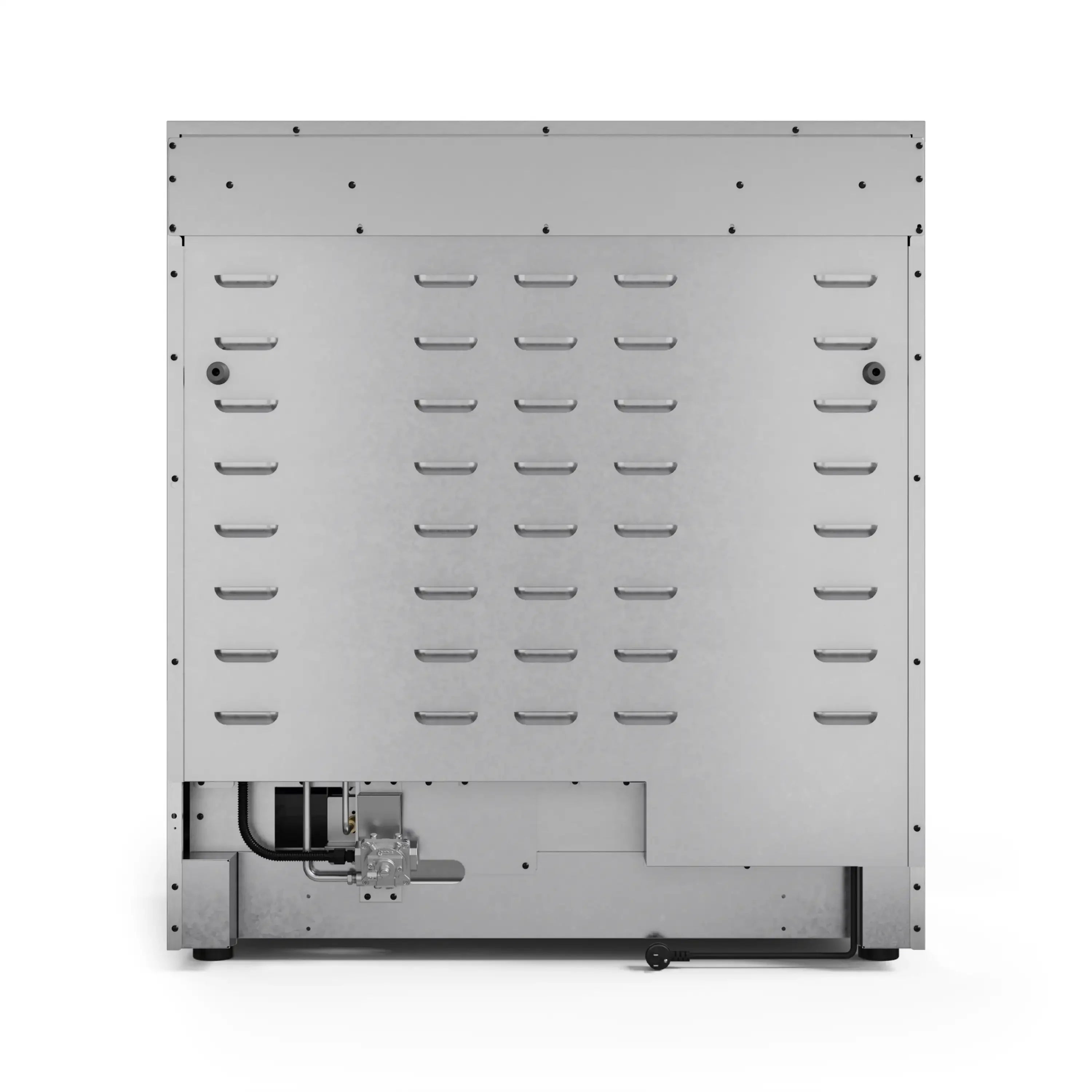 Dishwasher tub interior with metal back panel, spray components, and rack attachment points
