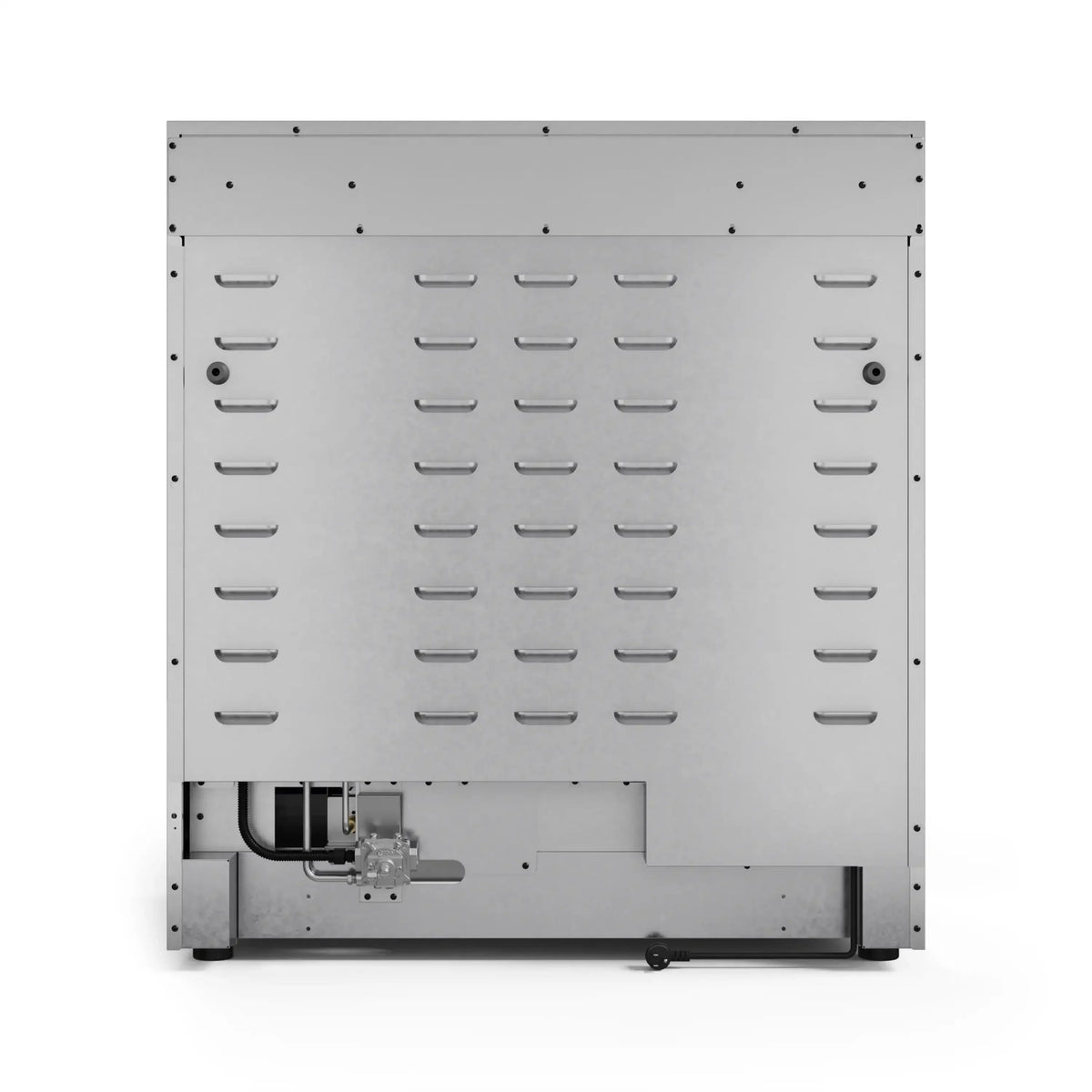 Appliance underside service panel with mounting holes and vents