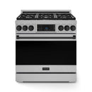 Stainless steel 36-inch professional gas range with black cooktop and tilt touch control