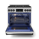Stainless steel gas range with oven door open and blue interior, black racks inside