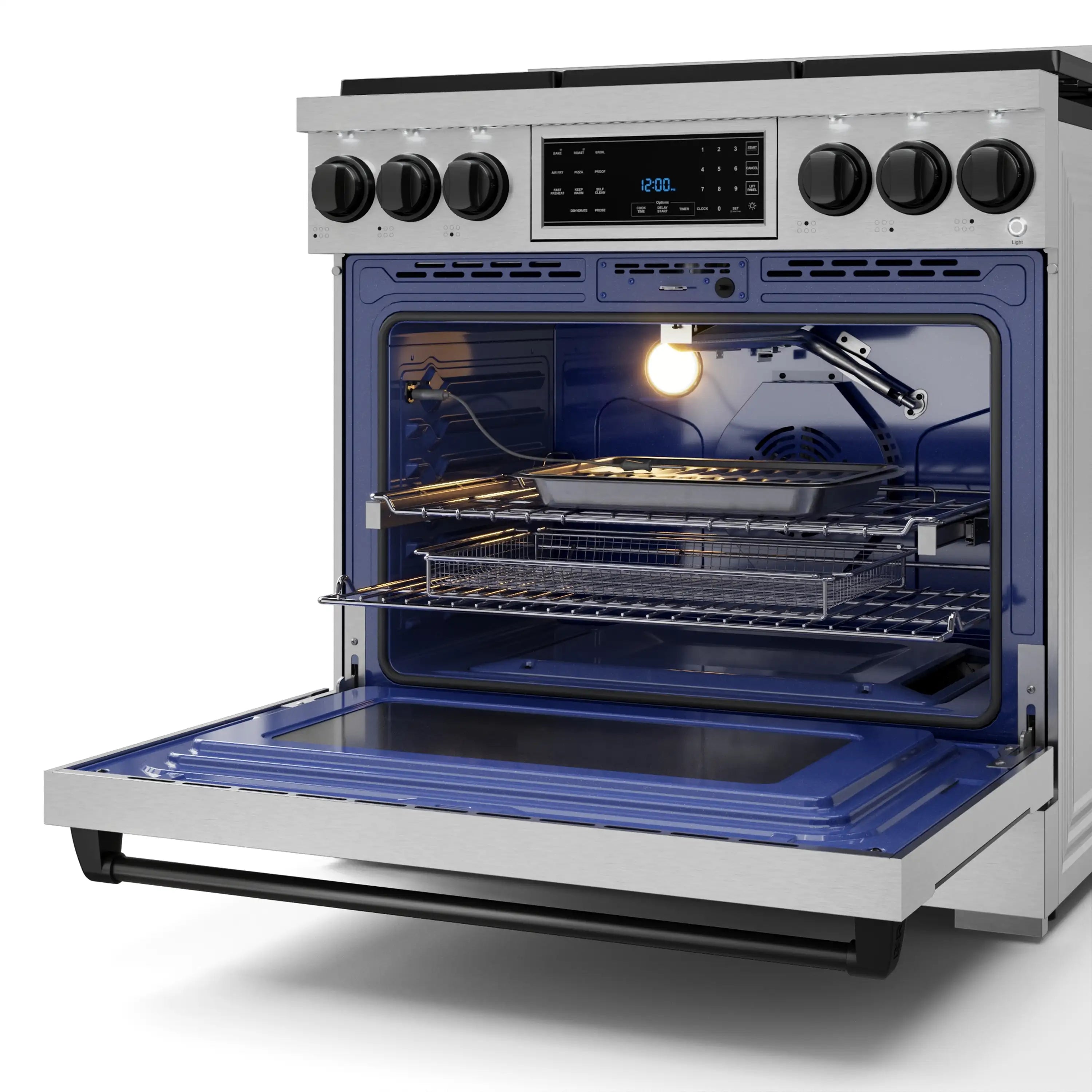 Stainless steel gas range with oven door open and lit oven cavity, black racks