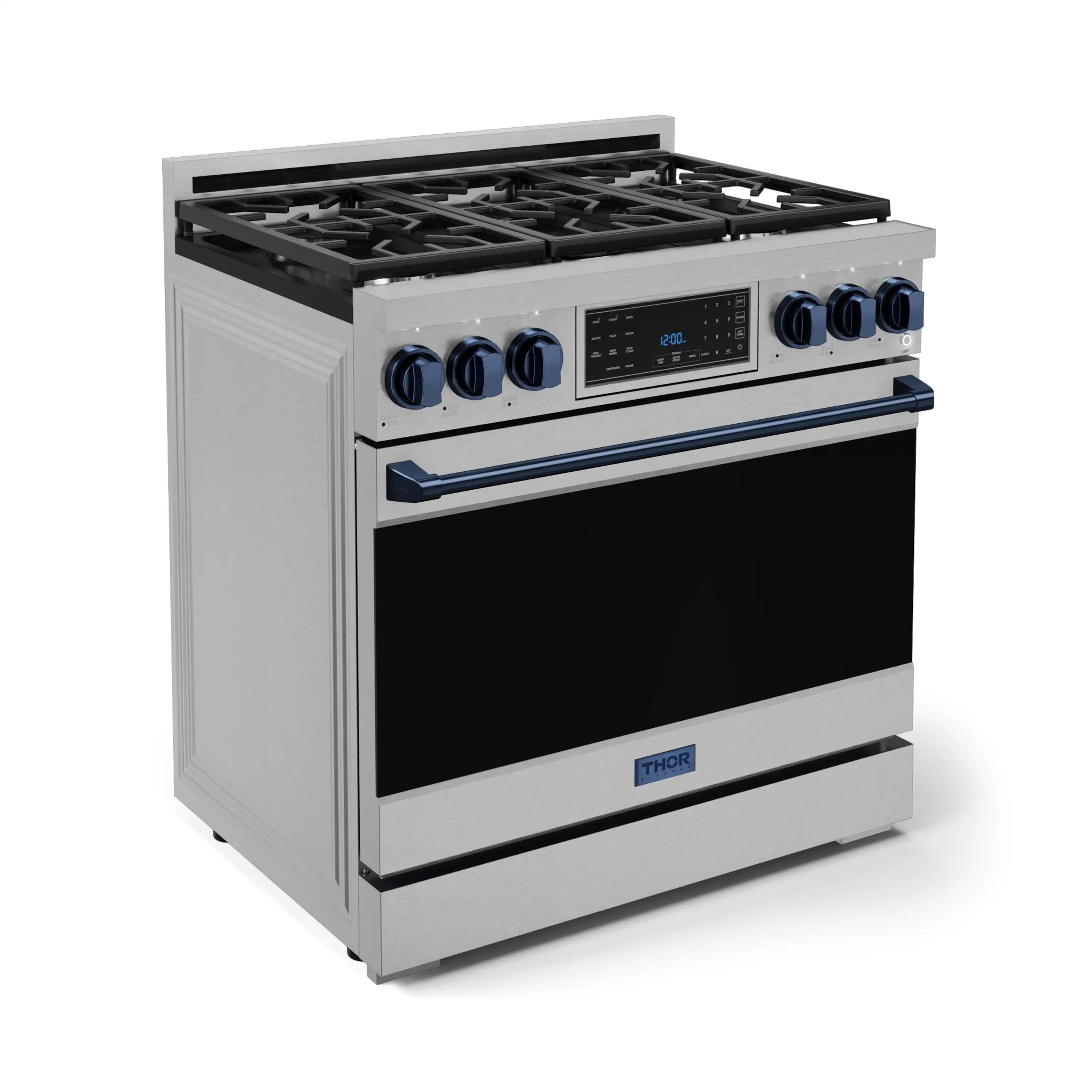 Stainless gas range with navy trim, black oven door, and six-burner cooktop