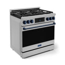 Stainless gas range with navy trim, black oven door, and six-burner cooktop