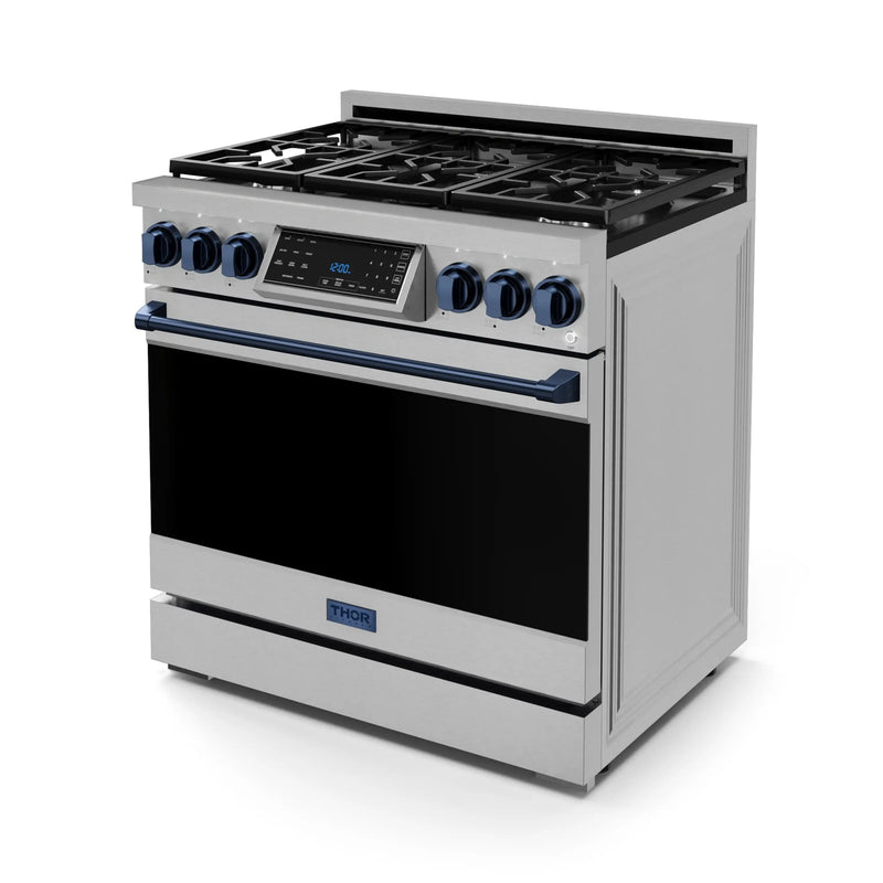 Thor Kitchen Gordon Ramsay Series 36-Inch Professional Gas Range with Tilt Panel Touch Control in Stainless Steel with Navy Blue Trim (RSG36-BLU)