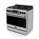 Stainless gas range with navy control bar, black oven door, and six front knobs