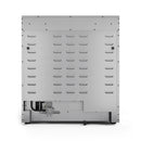 Back view of stainless gas range with vented metal panel and internal connections