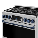 Stainless steel gas range with open burner grates, navy blue control panel trim