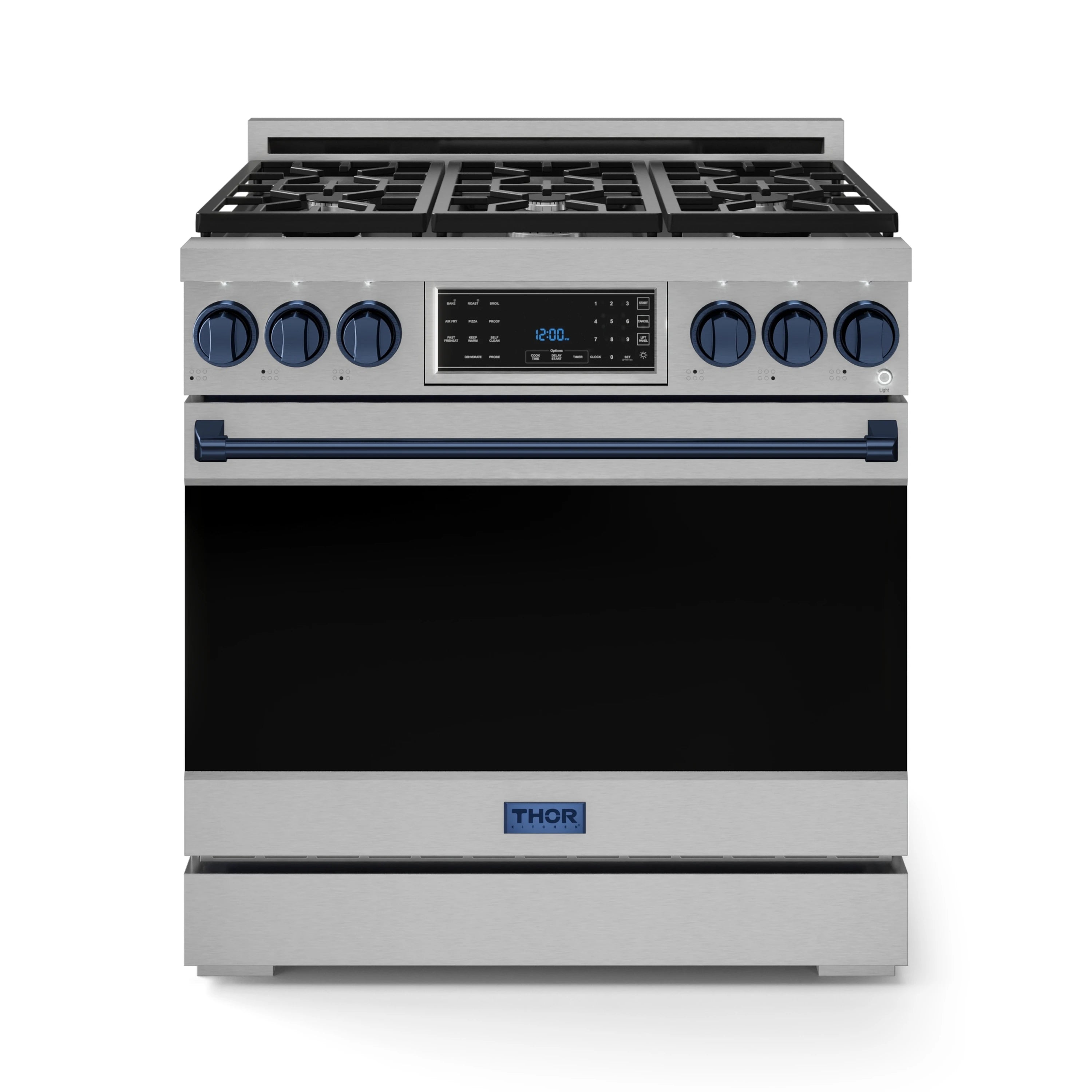Stainless steel gas range with navy control trim, six-burner cooktop and closed oven