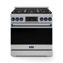 Gordon Ramsay by Thor Kitchen 3-Piece Appliance Package - 36-Inch Propane Gas Range, Tilt Panel, 36-Inch Refrigerator, and Dishwasher in Stainless Steel with Blue Trim