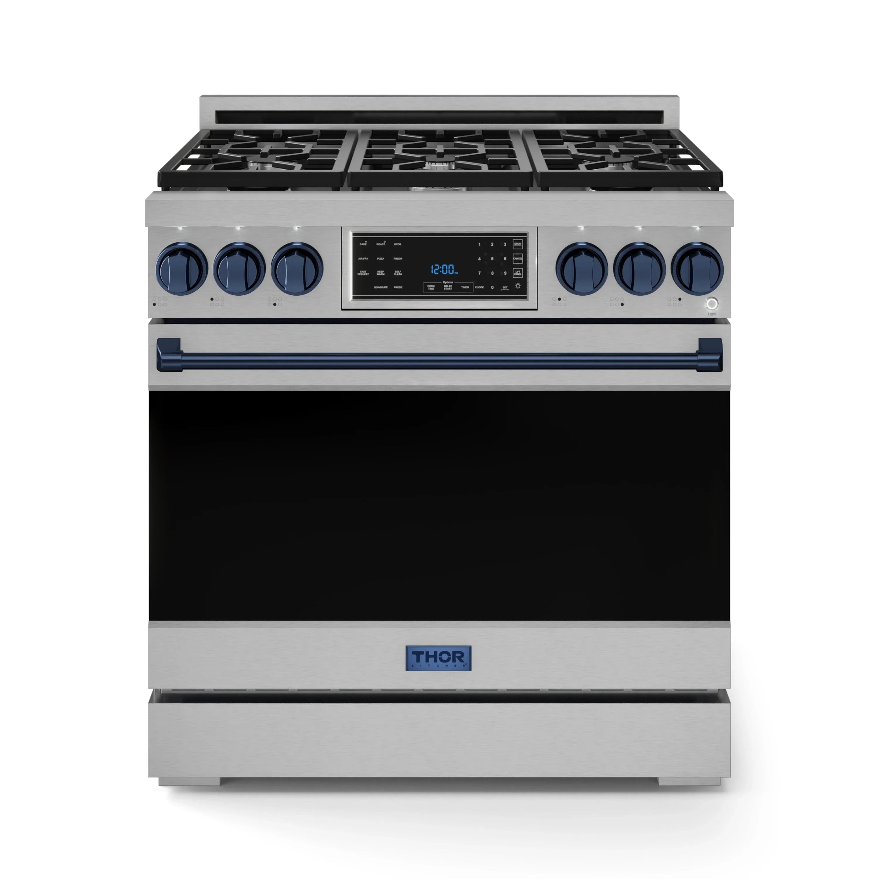 36-inch stainless steel gas range with blue control knobs, burner grates, and oven