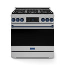 Stainless steel gas range with navy control trim, six-burner cooktop and closed oven