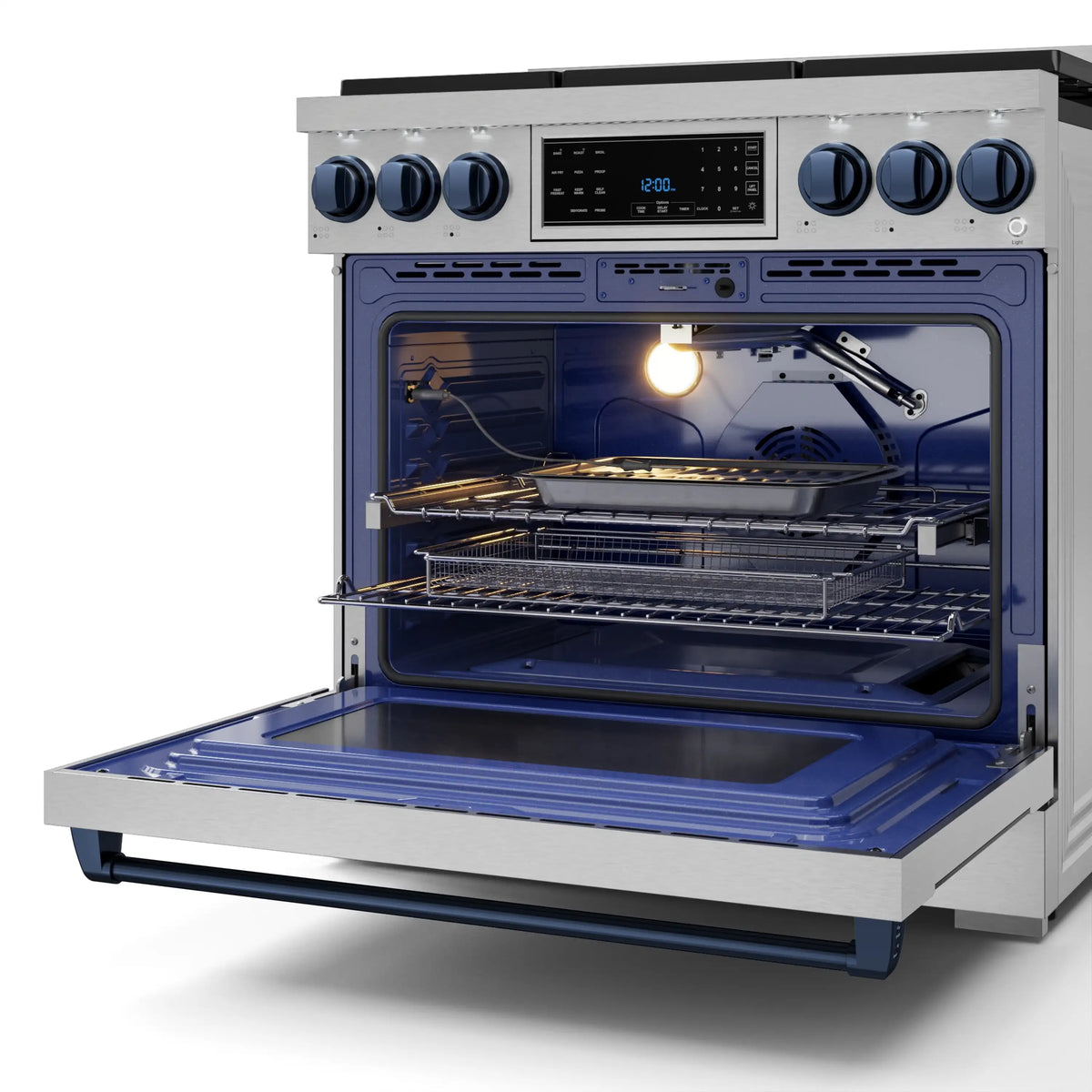 Gas range oven cavity open with blue enamel base and lit interior rack area