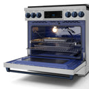 Stainless steel gas range with navy oven base and racks, oven door open