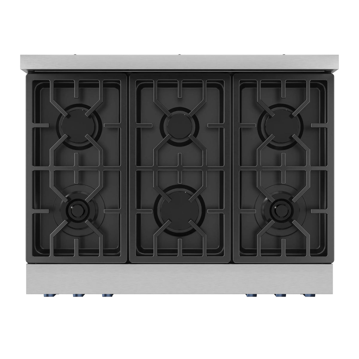 Stainless steel gas range cooktop with five burner grates and black burner caps