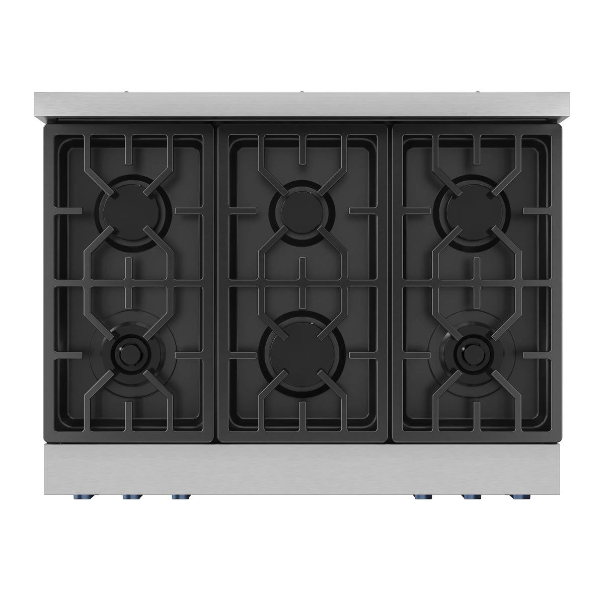 Top view of stainless gas range cooktop with six burners and black grates