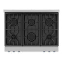 Stainless steel gas range cooktop with five burner grates and black burner caps