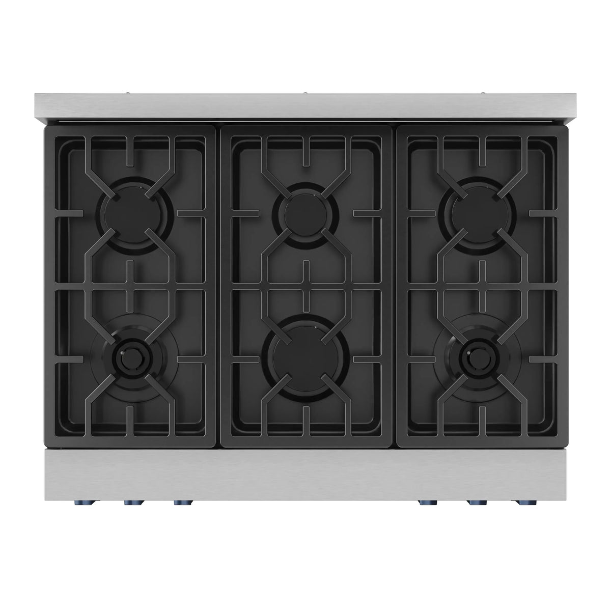 Top burner grates on stainless propane gas range with blue trim controls