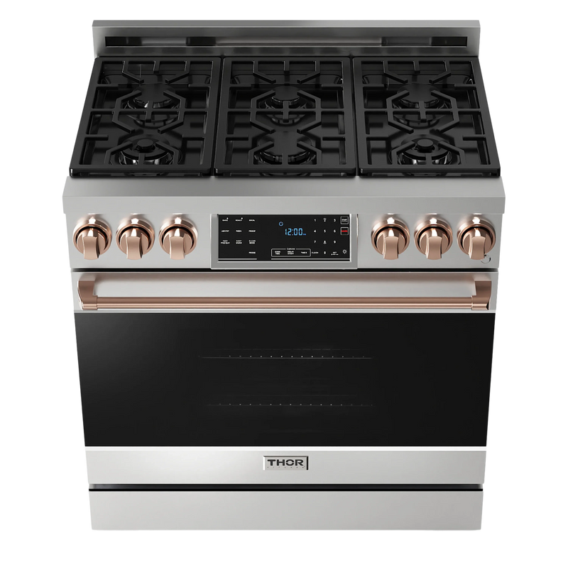 Thor Kitchen Gordon Ramsay 3-Piece Appliance Package - 36-Inch Gas Range with Tilt Panel, 36-Inch Refrigerator, and Dishwasher in Stainless Steel with Rose Gold Trim