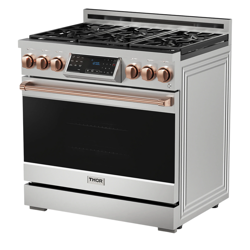 Thor Kitchen Gordon Ramsay 3-Piece Appliance Package - 36-Inch Gas Range with Tilt Panel, 36-Inch Refrigerator, and Dishwasher in Stainless Steel with Rose Gold Trim