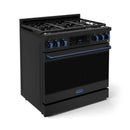 Black 36-in gas range with navy accents, blue knobs, and self-clean oven