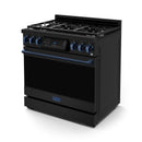 Black gas range with navy blue accents, blue knobs, and cooktop grates