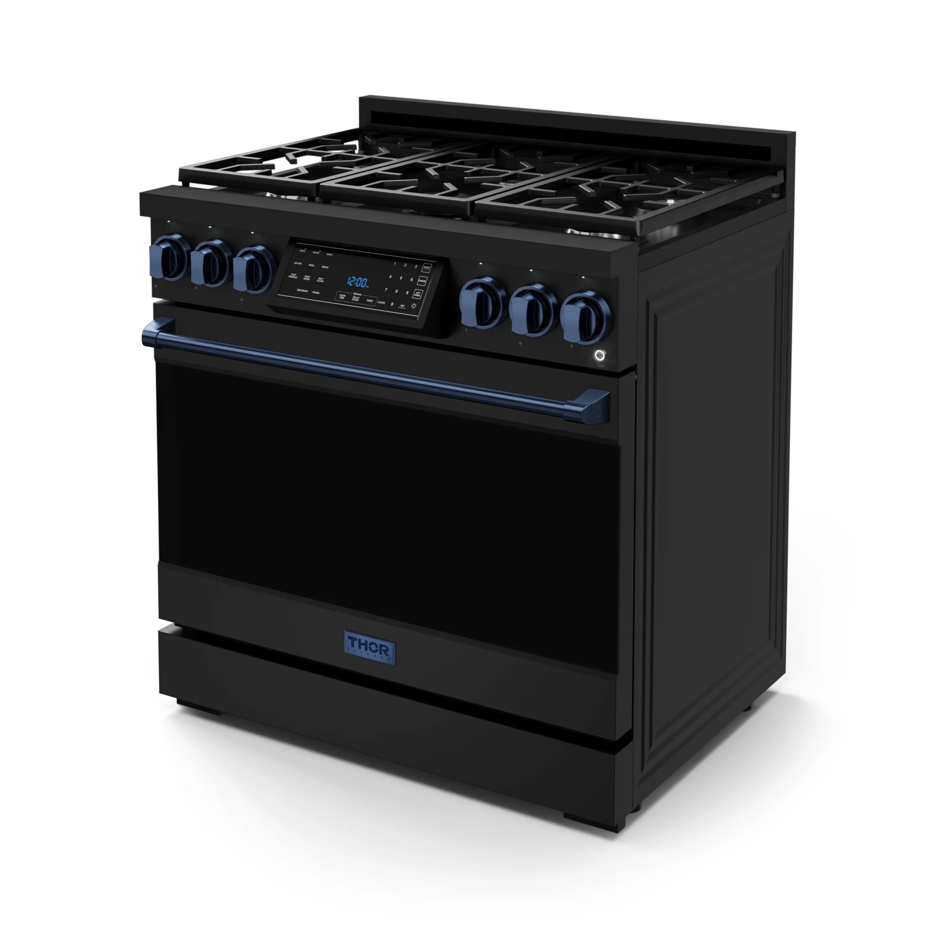 Black gas range with navy blue accents, blue knobs, and cooktop grates