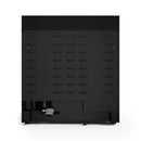 Black gas range rear panel with ventilation cutouts and mounting screws