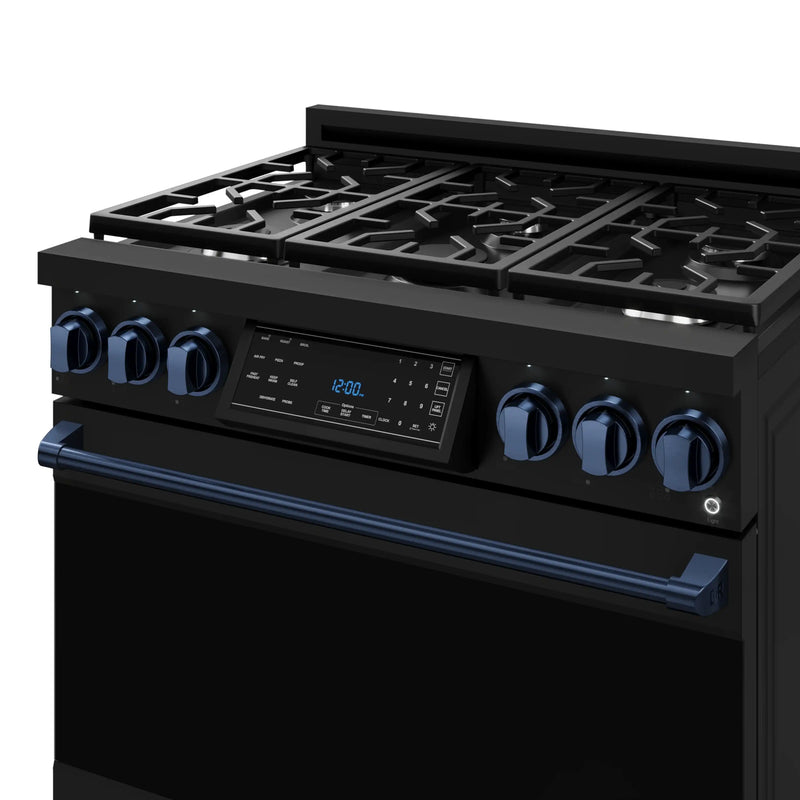 Thor Kitchen Gordon Ramsay 3-Piece Appliance Package - 36-Inch Gas Range with Tilt Panel, 36-Inch Refrigerator, and Dishwasher in Black with Blue Trim