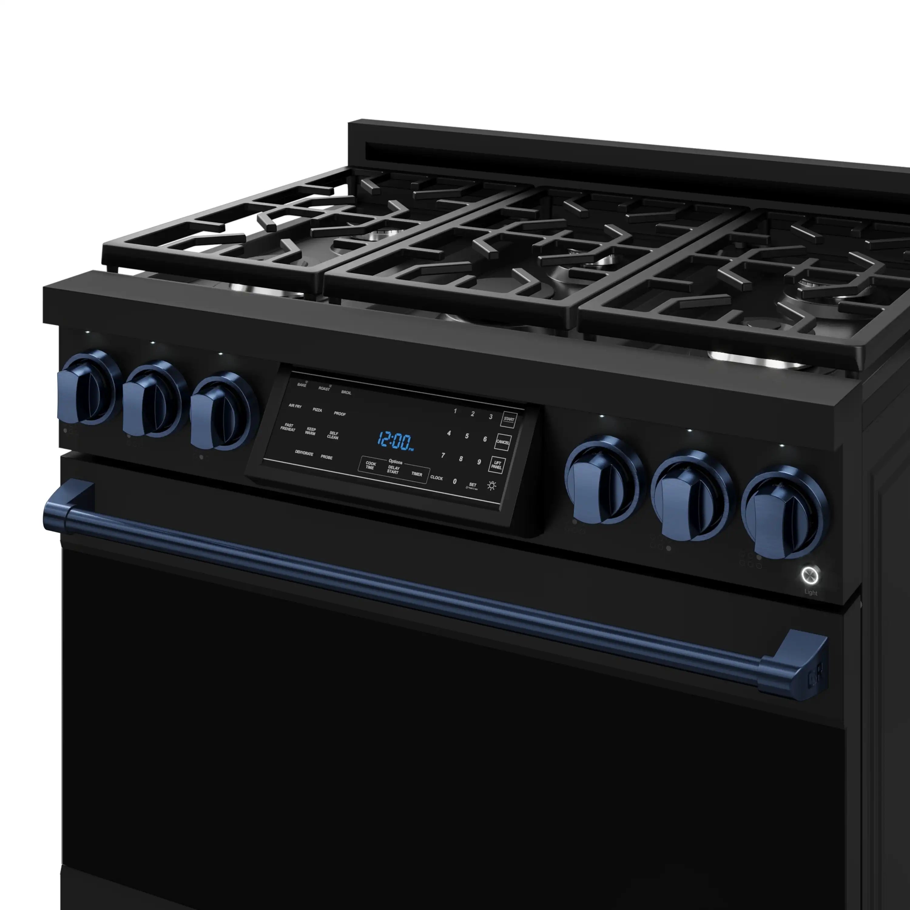 Close view of black gas range control panel with blue knobs and cooktop grates