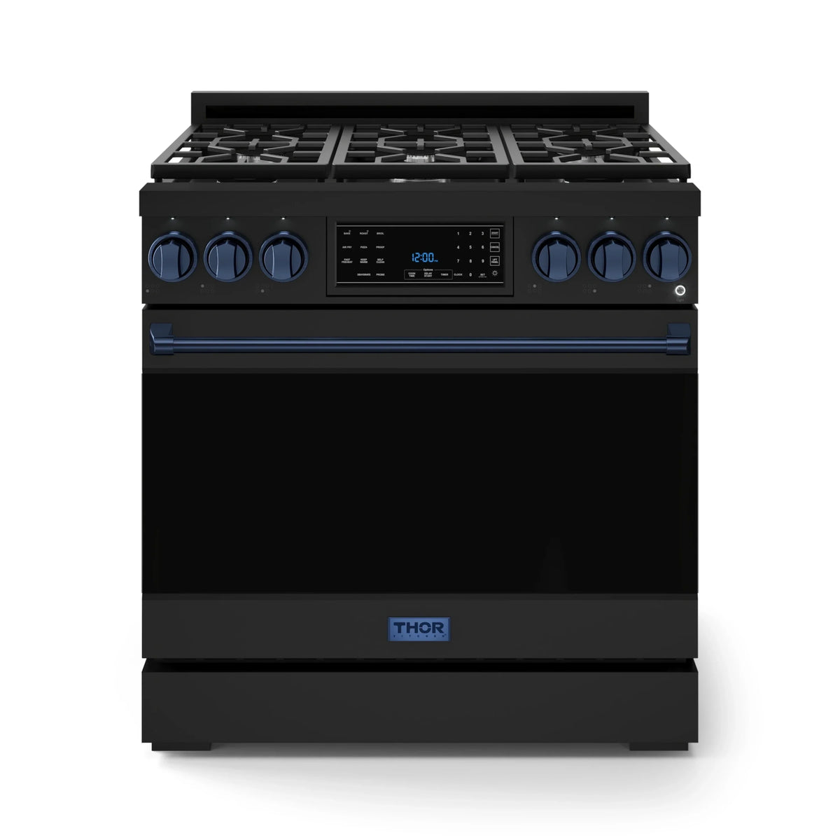 Black 36-inch propane gas range with blue control accents and open burner top