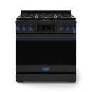 Gordon Ramsay by Thor Kitchen 3-Piece Appliance Package - 36-Inch Propane Gas Range, Tilt Panel, 36-Inch Refrigerator, and Dishwasher in Black with Blue Trim