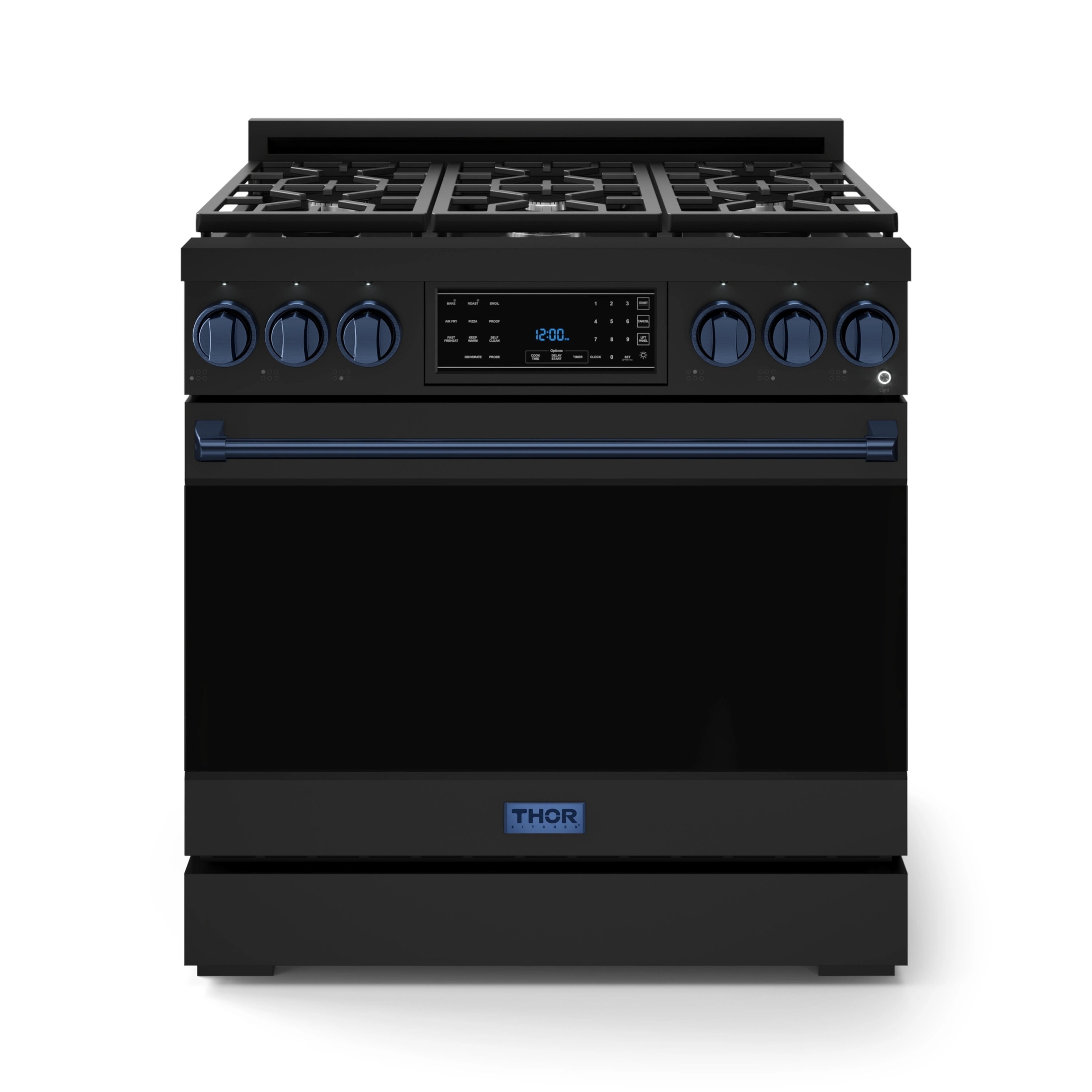 Black gas range with navy trim, burner grates, and touch control panel