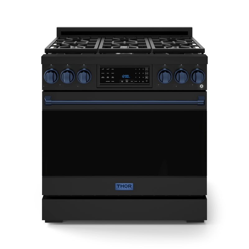 Thor Kitchen Gordon Ramsay Series 36-Inch Professional Gas Range with Tilt Panel Touch Control in Black with Navy Blue Trim (RSG36B-BLU)