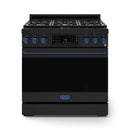 Black gas range with navy trim, burner grates, and touch control panel