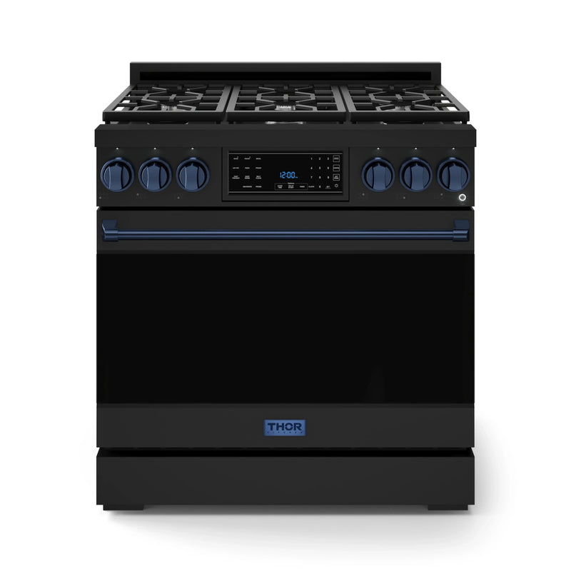 Thor Kitchen Gordon Ramsay 3-Piece Appliance Package - 36-Inch Gas Range with Tilt Panel, 36-Inch Refrigerator, and Dishwasher in Black with Blue Trim