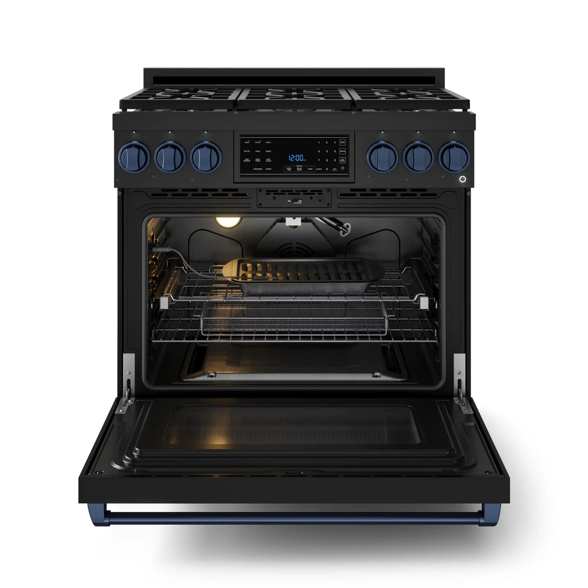 Black gas range with open oven door and blue control knobs